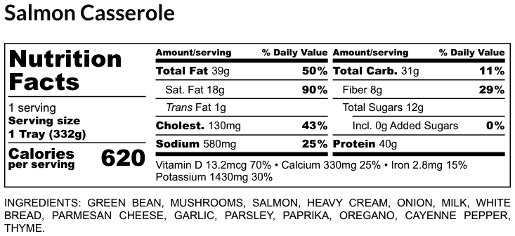 Nutritional Facts - Salmon Casserole 6oz